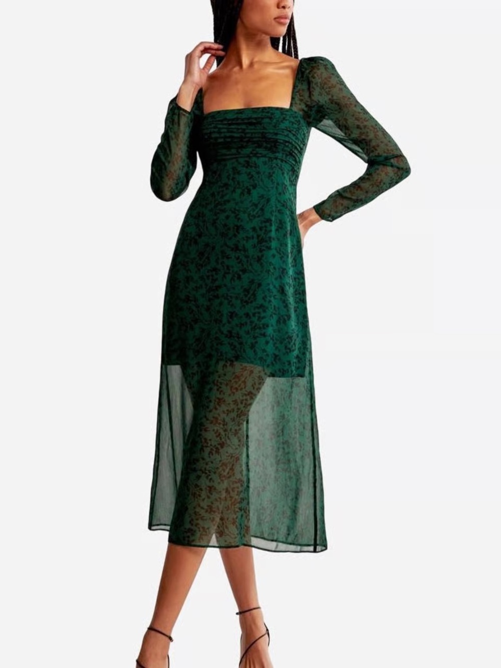 Abercrombie & Fitch Sheer Square-Neck Midi Dress in Emerald Green